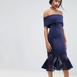 NWT ASOS Navy Bardot Lace Insert Peplum Dress